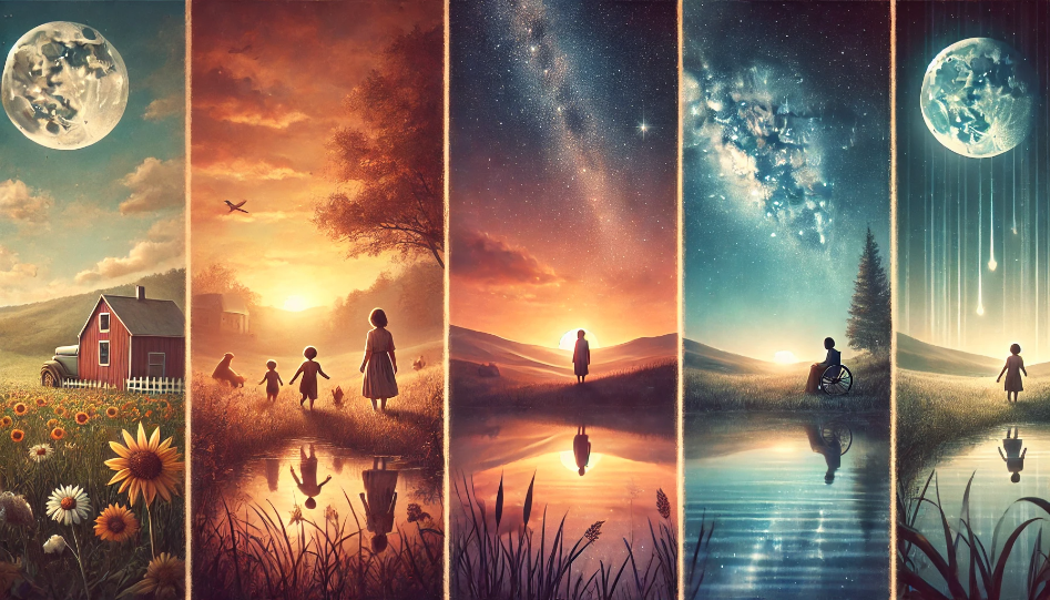 An ethereal scene with three distinct landscapes: a nostalgic sunset countryside with children playing, a starry night sky with a figure looking towards the horizon, and a serene morning by a calm lake with a person reflecting.