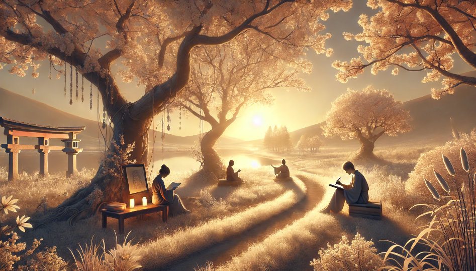 Poets writing under blossoming trees in a serene, light-themed landscape with gentle sunlight and a tranquil ambiance.