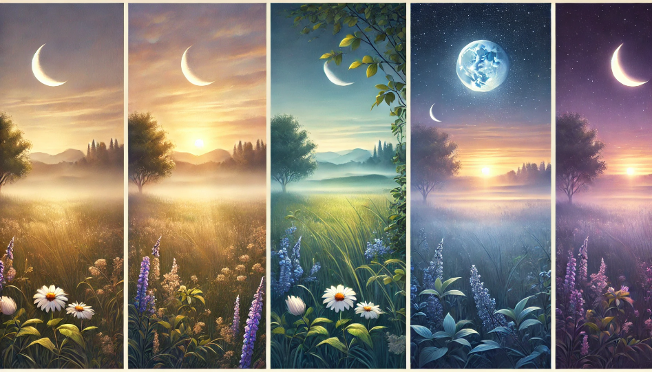 A serene three-part landscape: dawn with a misty meadow and sunrise, midday with vibrant greenery and clear sky, and twilight with violet, gold hues, stars, and a moonlit scene.