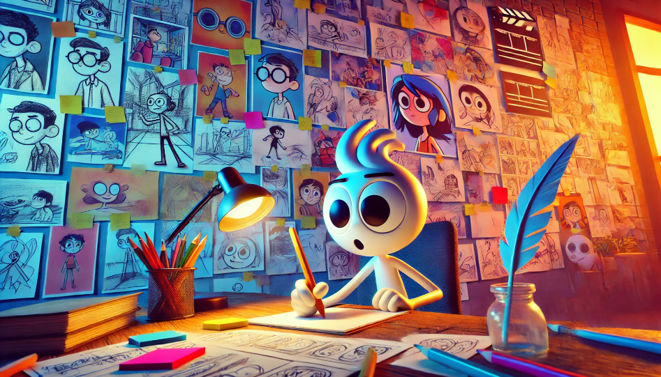 An animated character sitting at a desk, writing with a quill pen, surrounded by sketches of cartoon characters and storyboard panels. The room is filled with colorful drawings and notes pinned on the walls, capturing the creative energy.