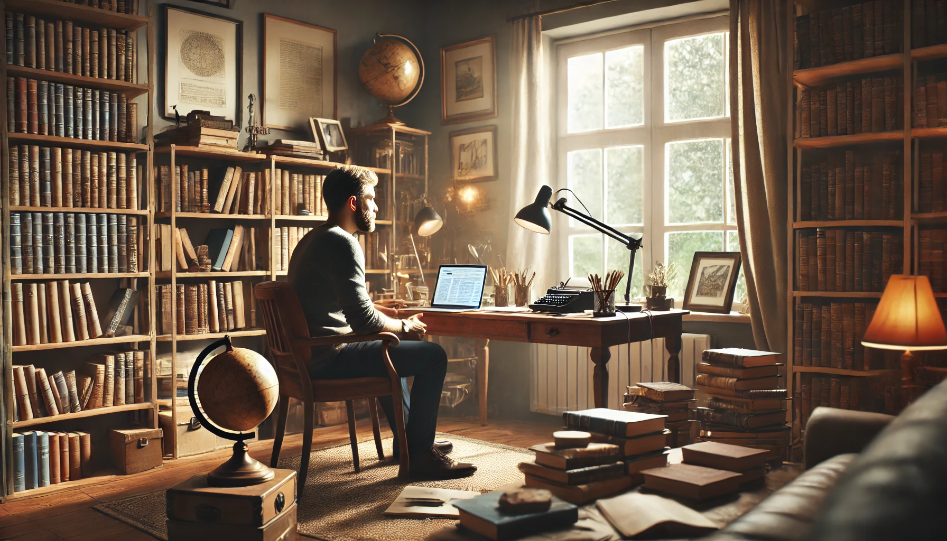 An author in a cozy study, surrounded by books and a laptop, giving an interview with a view of a garden outside.