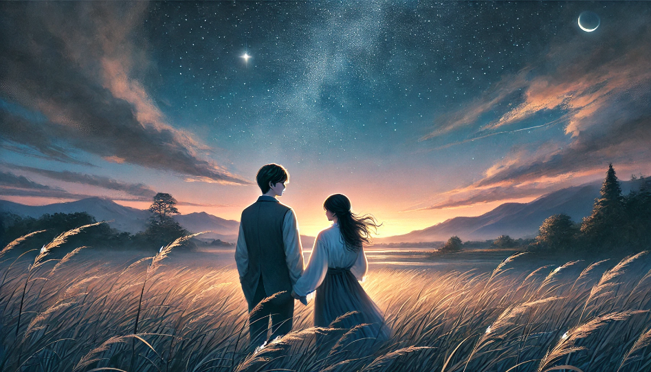 A couple standing together in a peaceful meadow at twilight, with the stars beginning to appear in the sky. The scene is serene and romantic, capturing the essence of the song &quot;Whispering Winds&quot;