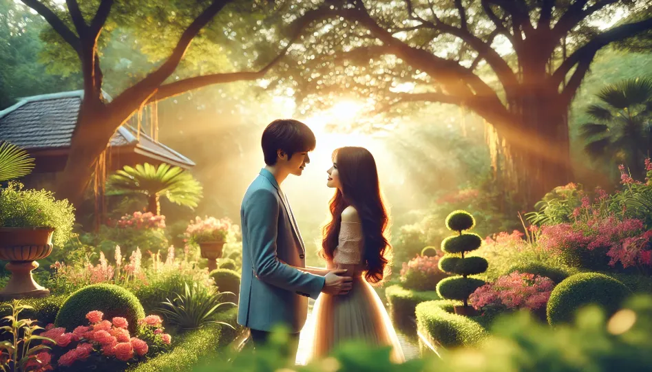 A romantic scene with a couple gazing into each other's eyes in a serene setting with lush greenery and colorful flowers.