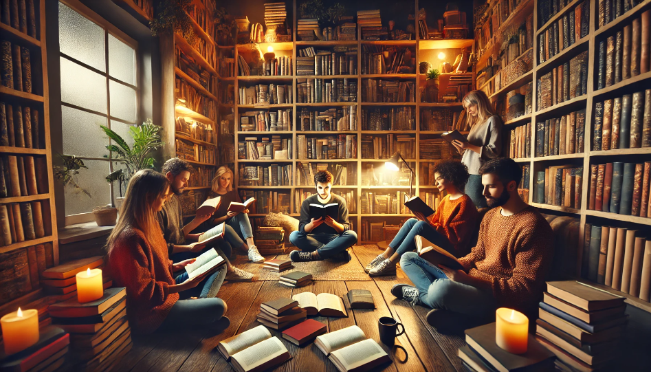 A cozy reading nook with friends reading and discussing books, surrounded by warm light and bookshelves filled with classic and contemporary books.