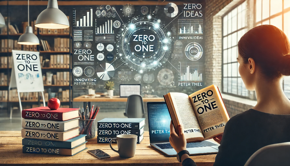 A modern workspace with a person reading 'Zero to One' by Peter Thiel. The background includes a laptop displaying business analytics, a whiteboard with innovative ideas, and a stack of business books.