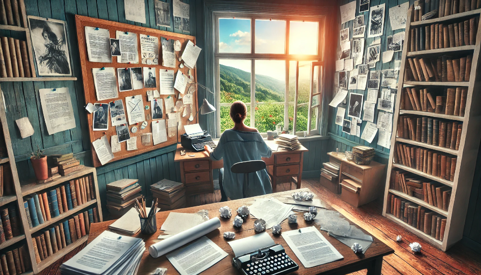 An author at a desk with notes, storyboards, and a picturesque view, focused on plot development.