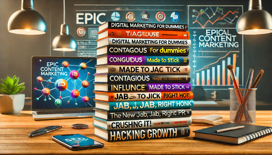 A stack of various digital marketing books on a wooden table, with a modern digital workspace in the background, including a laptop, smartphone, and notepad.