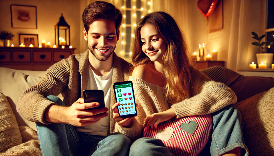 A young couple smiling on a cozy couch, engaging in a loving WhatsApp conversation with emojis.