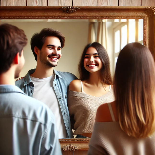 Friends looking into a mirror, reflecting their true selves.