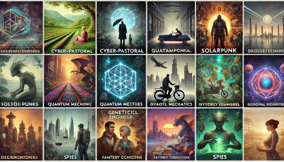 Collage illustrating various new story genres: cyber-pastoral landscapes, quantum noir detectives, solarpunk dystopias, mythical steampunk worlds etcvirtual gothic settings, eco-anthropology adventures, interstellar folklore,