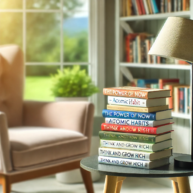 A serene reading nook with a stack of self-help books, a cozy armchair, and a peaceful garden view.