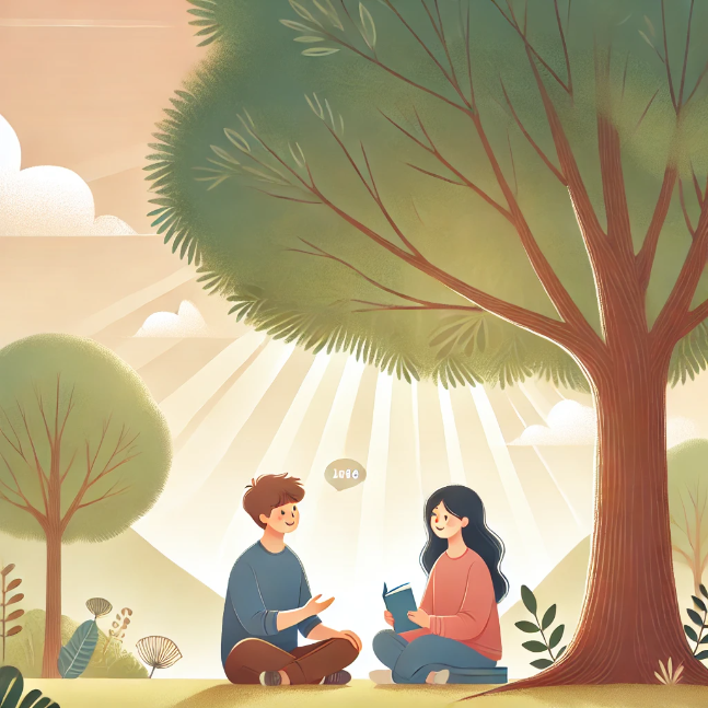 Two friends sitting under a large tree, sharing a heartfelt conversation with a peaceful landscape and soft sunlight filtering through the leaves. One friend holds a letter while the other smiles warmly.