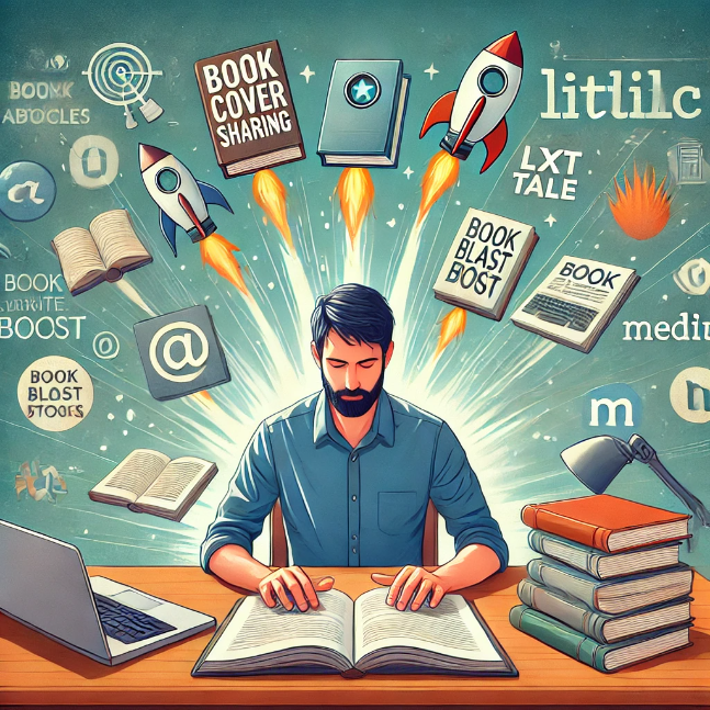 Author sitting at desk with laptop, floating articles, book covers, symbolizing the promotion of a book through article-sharing websites. The background shows icons of various platforms like Book Cover Sharing, BOOK BLAST BOOST, TxtTale, LitLinc