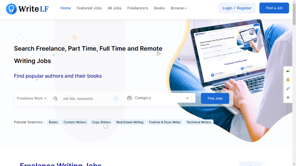 Screenshot of the WriteLF website homepage featuring search options for freelance, part-time, full-time, and remote writing jobs, along with links to find popular authors and their books.