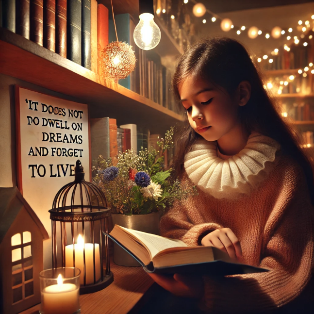 A young girl sits in a cozy corner of a library, engrossed in reading a book. She is surrounded by tall shelves filled with a myriad of books.This image symbolizes the quote, "It does not do to dwell on dreams and forget to live.