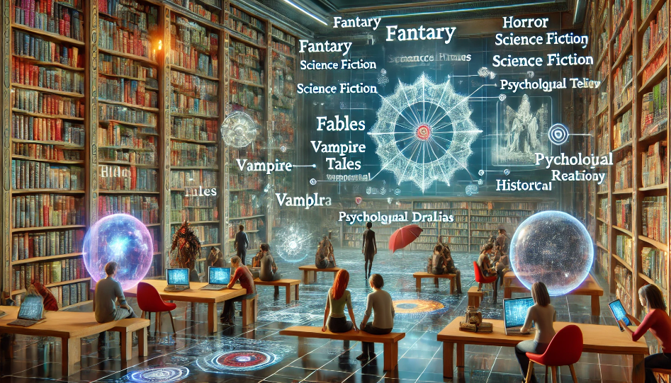 A futuristic digital library with holographic displays, bookshelves, and readers engaging with augmented reality experiences, showcasing genres like fantasy, horror, science fiction, humor, fables, vampire tales, psychological dramas.