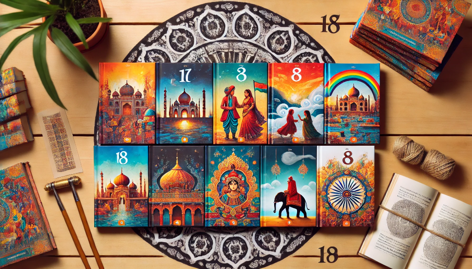 A vibrant display of ten Indian books with colorful covers on a wooden table, featuring an Indian motif background.