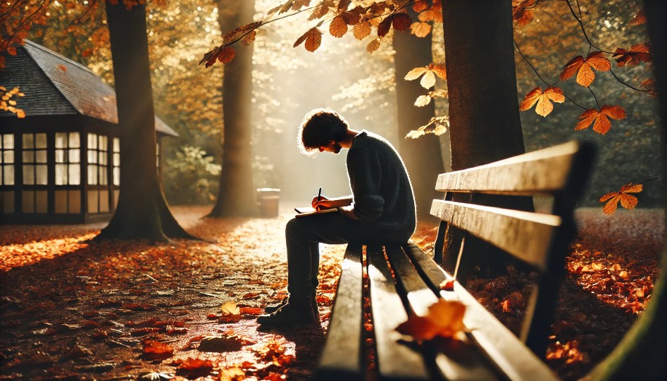 A person sitting alone on a park bench in autumn, surrounded by fallen leaves, writing in a journal with their head slightly bowed, focused on their writing.