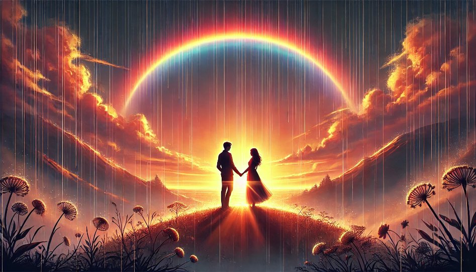 A serene sunset scene with a couple standing under the glowing sky, rain clearing, and a rainbow forming in the background. They are holding hands, looking at each other with love