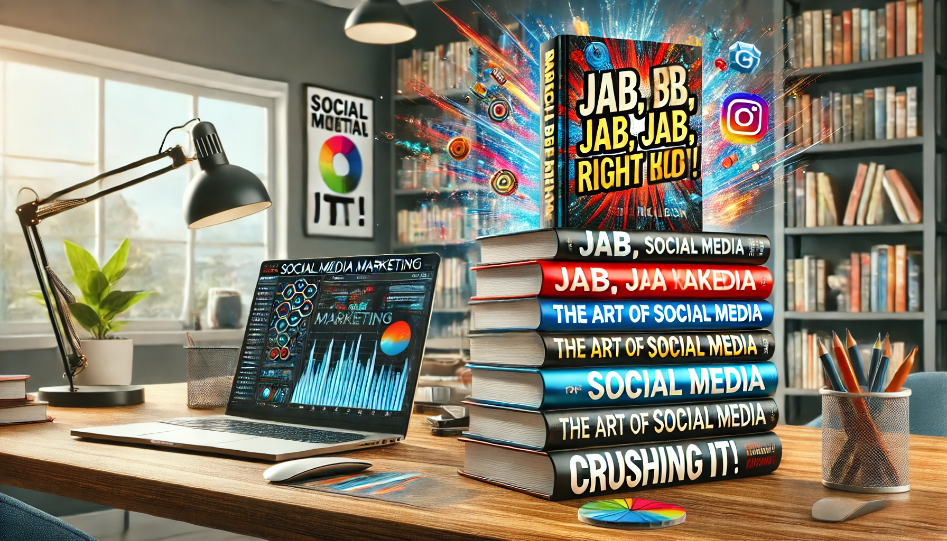 Modern home office setup with a stack of social media marketing books including 'Jab, Jab, Jab, Right Hook,' 'The Art of Social Media,' and 'Crushing It!' on a desk.