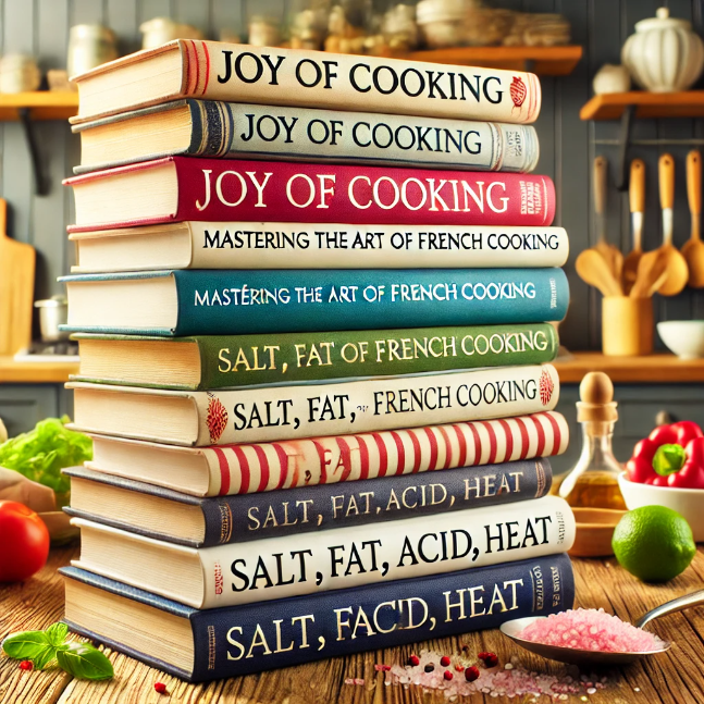 A collection of colorful cookbooks stacked on a wooden kitchen counter, with a cozy kitchen background.