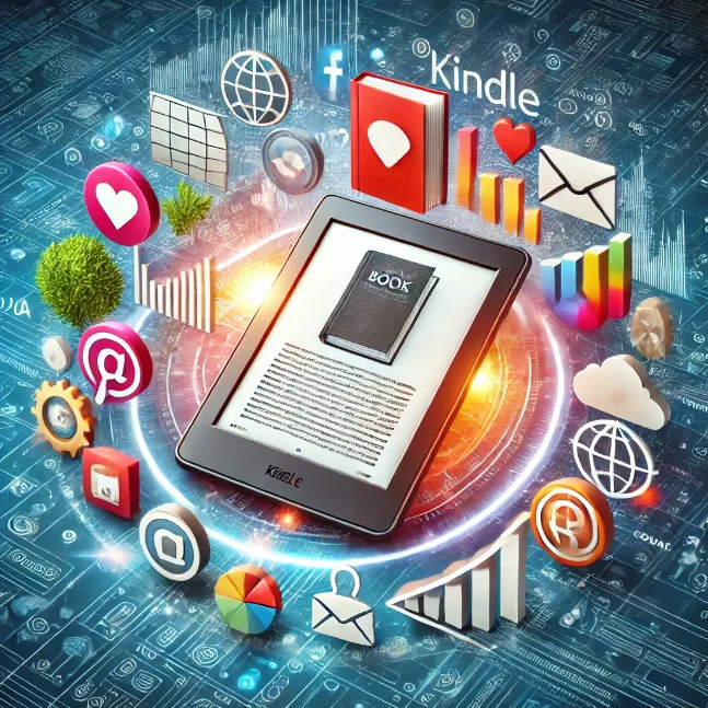 Kindle e-reader surrounded by promotional elements like social media icons, email symbols, and growth graph with eBooksTap logo in the background.