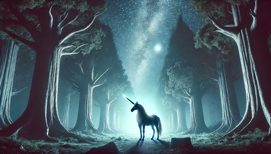 A mythical unicorn standing in a moonlit forest with a gleaming, spiraling horn, surrounded by an ethereal glow, ancient trees, and a star-filled night sky, conveying a sense of magic and wonder.