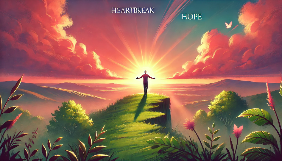 Person standing on a hilltop at sunrise with outstretched arms, symbolizing hope and new beginnings.