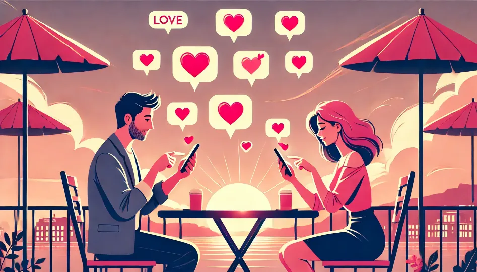 A couple using their smartphones, sending heart emojis to each other. The background is a romantic setting with a sunset and hearts floating around them.