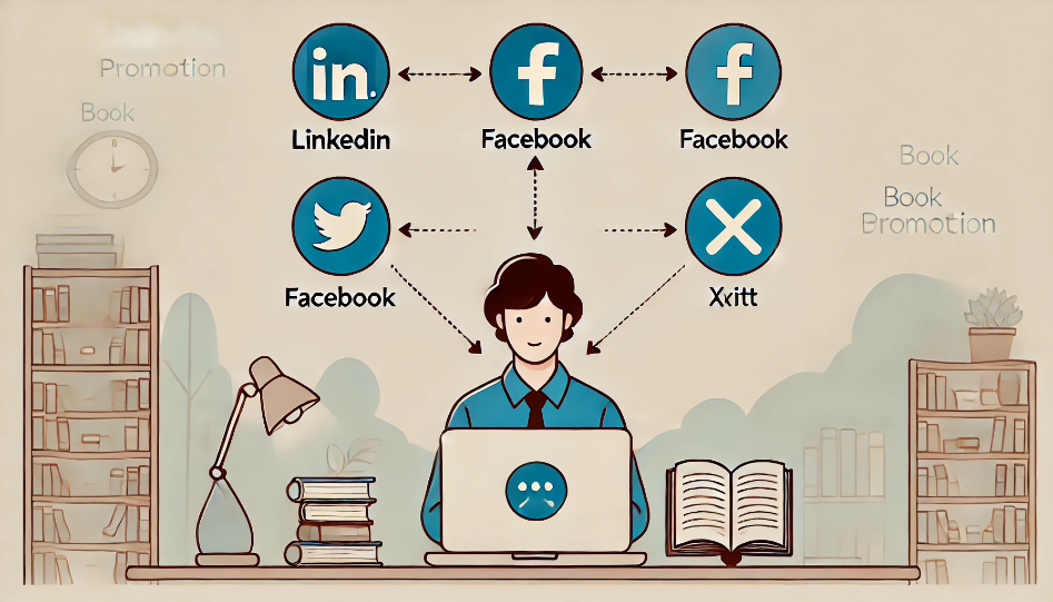 A simple digital illustration showing an author with a laptop in the center, connected by arrows to the icons of LinkedIn, Facebook, and X (formerly Twitter). The background is plain, emphasizing book promotion on these platforms.