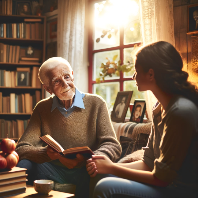 Elderly person sharing wisdom with a younger person in a cozy, sunlit living room.