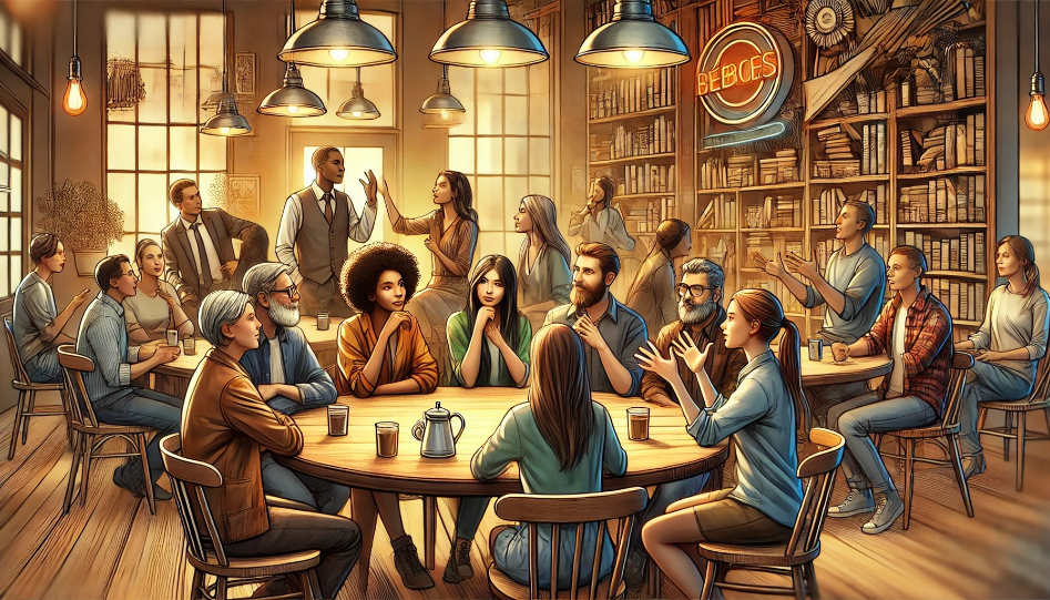 Diverse characters in a café, engaged in a lively conversation, showcasing dynamic dialogue.