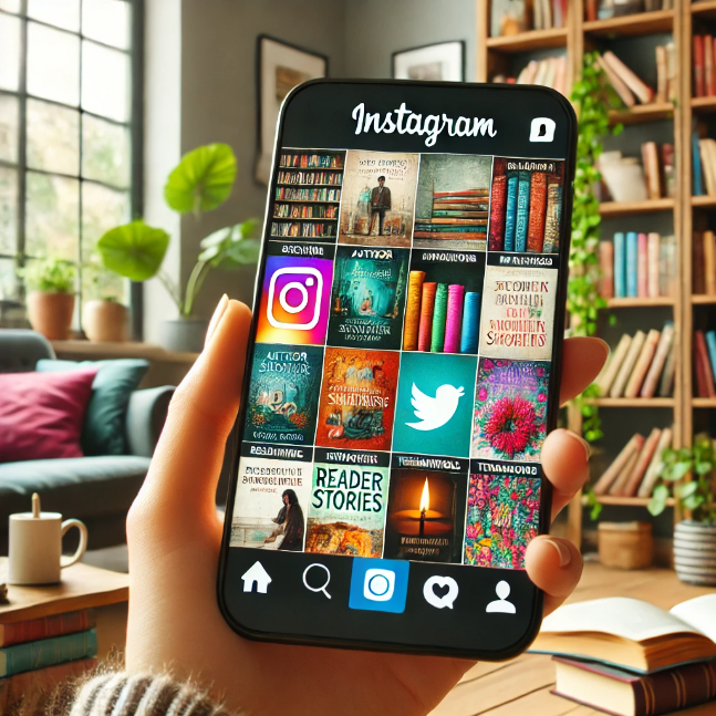 A vibrant Instagram feed on a smartphone displaying book covers, author insights, reader testimonials, and interactive stories, with a cozy reading nook in the background.