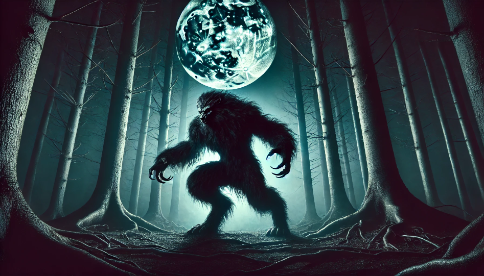 A werewolf in mid-transformation under a full moon in a dark, misty forest.