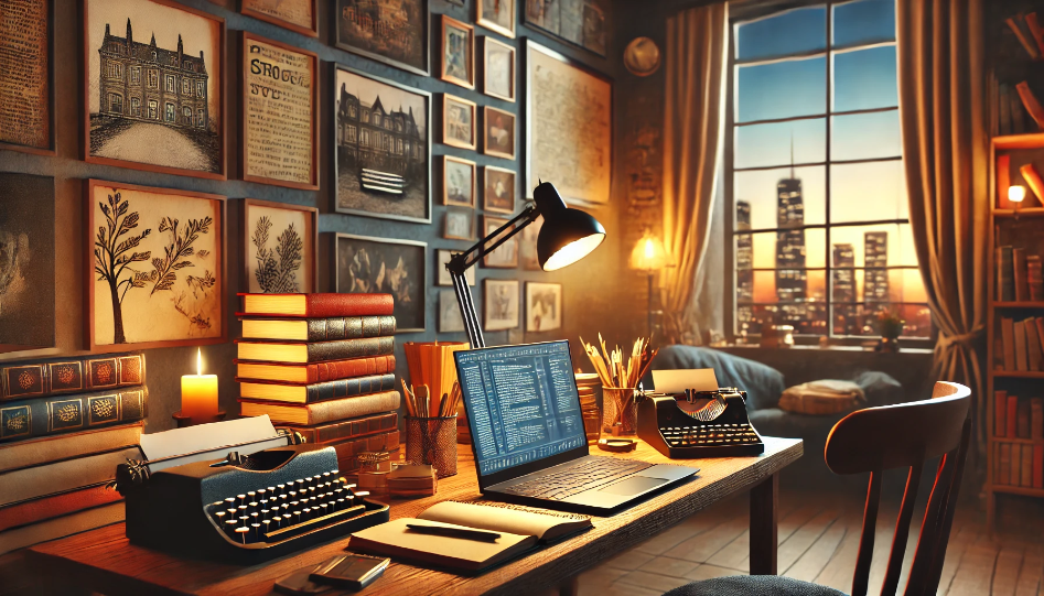 A cozy writer's workspace with a laptop, books, and a cityscape view at dusk.