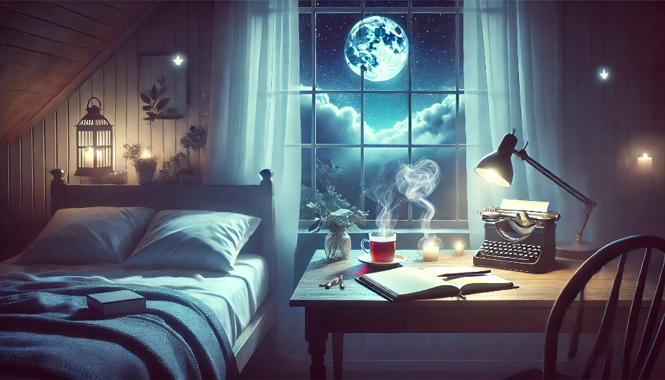 Serene bedroom with a writer's desk by the window, moonlight illuminating a journal, pen, and tea, with a starry night sky outside.