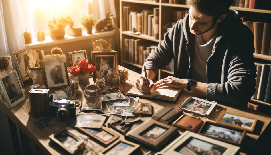 Person sitting at a desk, writing in a journal, surrounded by mementos and photographs depicting different life events. A bookshelf filled with books and sunlight streaming through a window create a warm and inviting atmosphere.