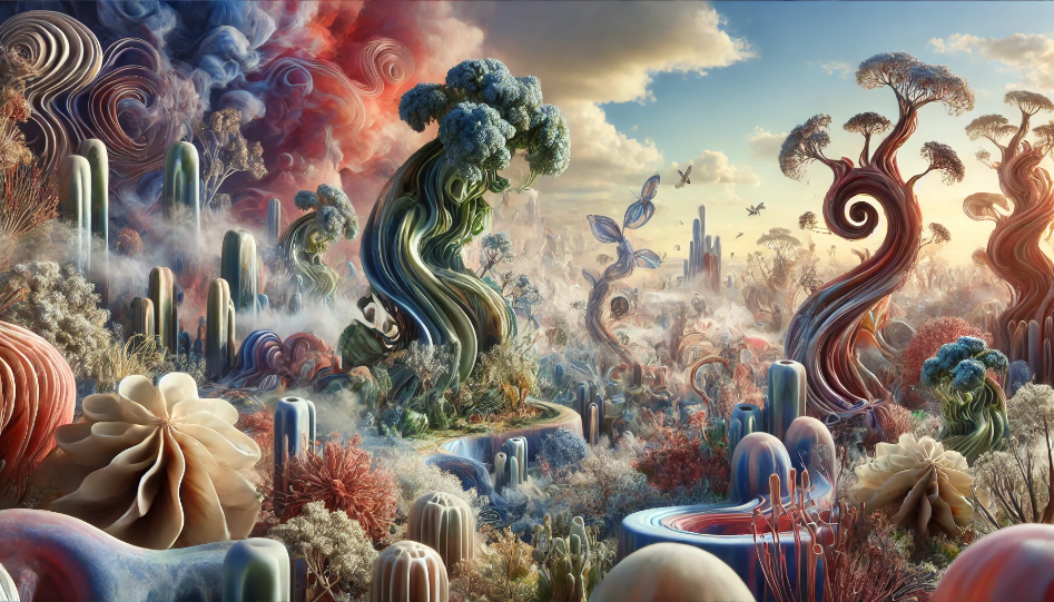 A surreal landscape combining biological themes with dreamlike elements. Organic forms such as plants and animals blend into strange, unpredictable shapes and colors, creating a world where reality and perception blur.