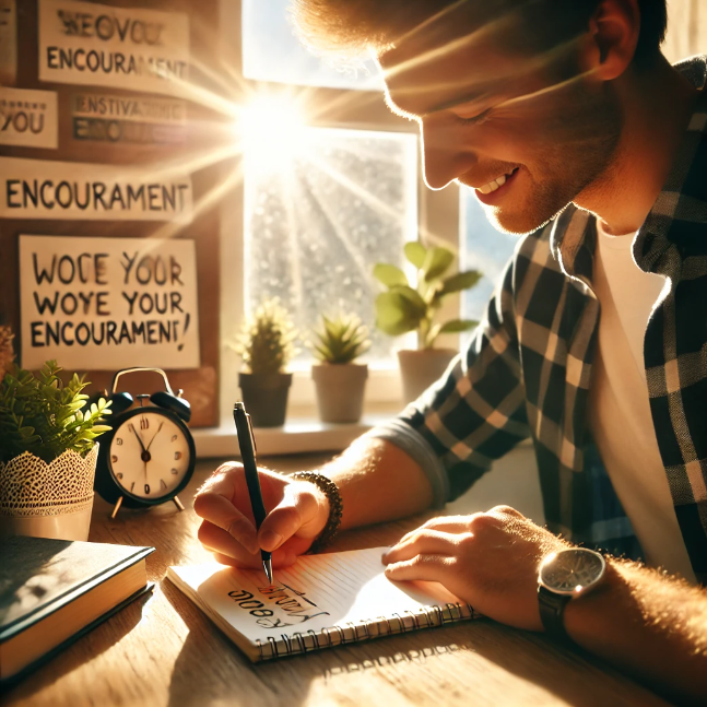 A person sitting at a desk, writing a note with sunlight streaming through a window.