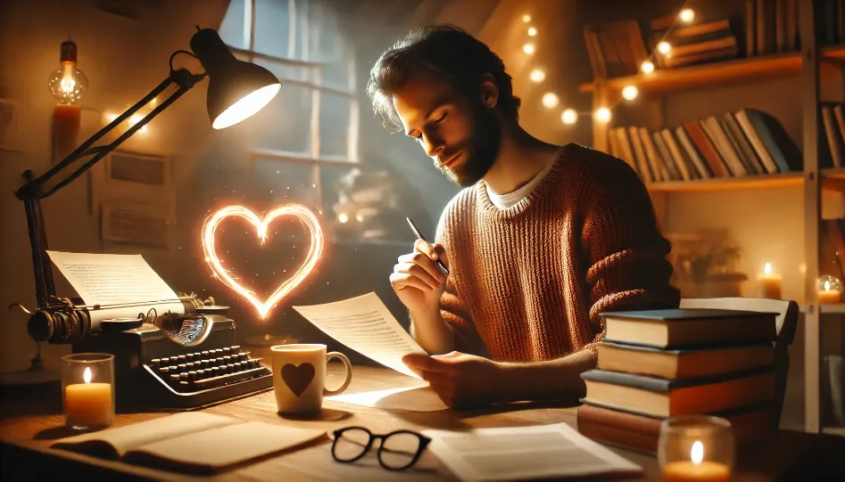 A writer sitting at a cozy desk, surrounded by books and papers, with a soft, warm light illuminating the scene. The writer is holding a pen, looking thoughtfully at a piece of paper, with a heart symbol glowing gently on the desk.