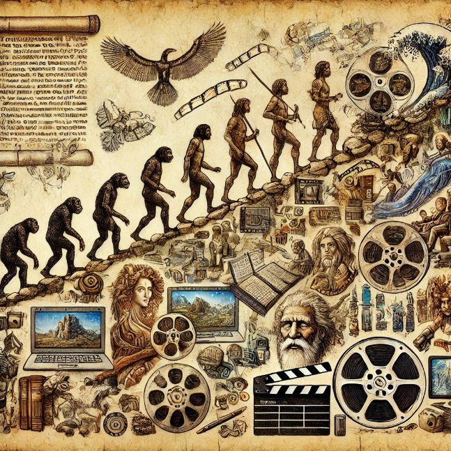 Evolution of storytelling from ancient scrolls and cave paintings to printed books, film reels, and digital screens.