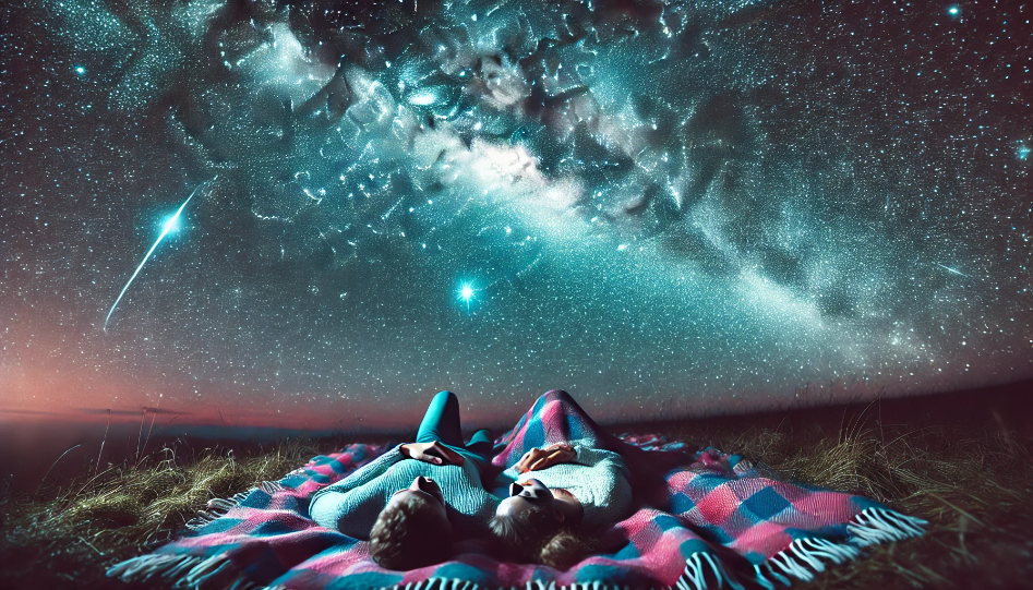 A couple lying under a starry sky, wrapped in a blanket, sharing dreams and stories. The vastness of the universe above them makes the moment deeply romantic and connected.