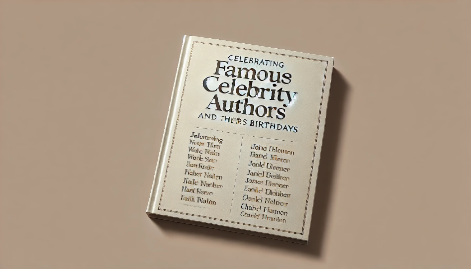 A minimalist image with a light beige background, featuring the text "Celebrating Famous Celebrity Authors and Their Birthdays" in an elegant, literary font centered in the image. The design is clean and focused.