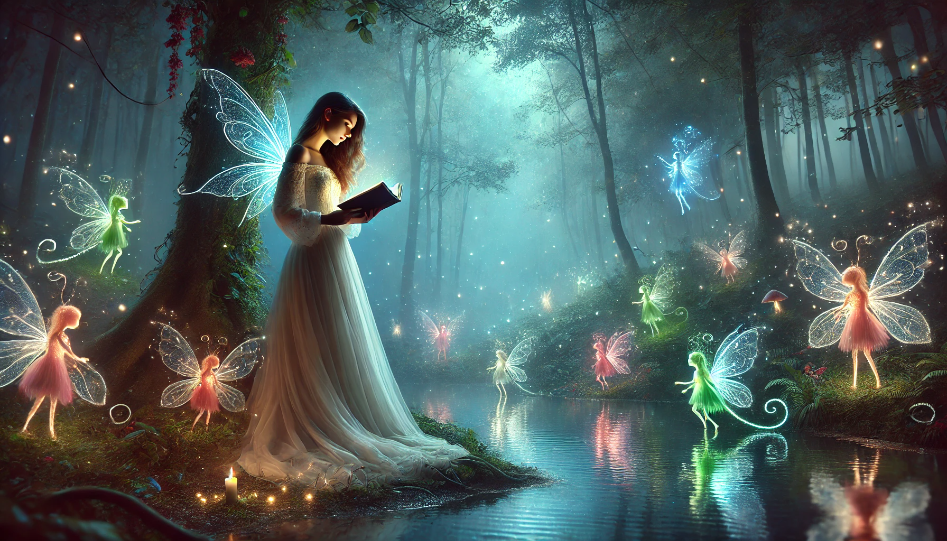 A whimsical scene of a woman standing by a serene pond in a magical forest, reading a glowing book, surrounded by ethereal, glowing fairies.