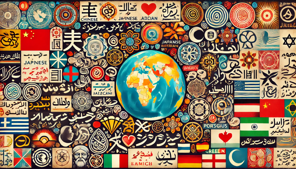 Collage of global cultural symbols and quotes in various languages on a world map background.