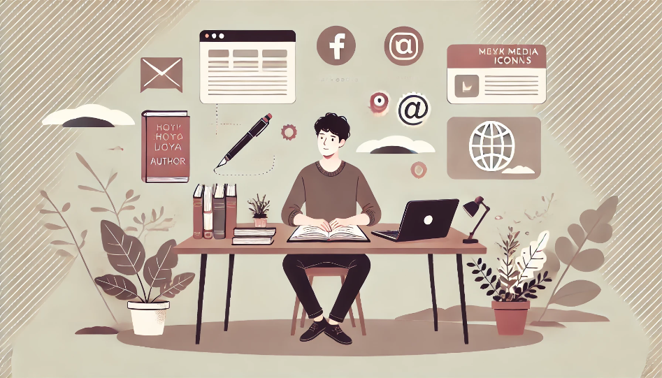 A simple illustration of an author at a desk with social media icons, a book, and an open laptop. The background is plain with minimal details.