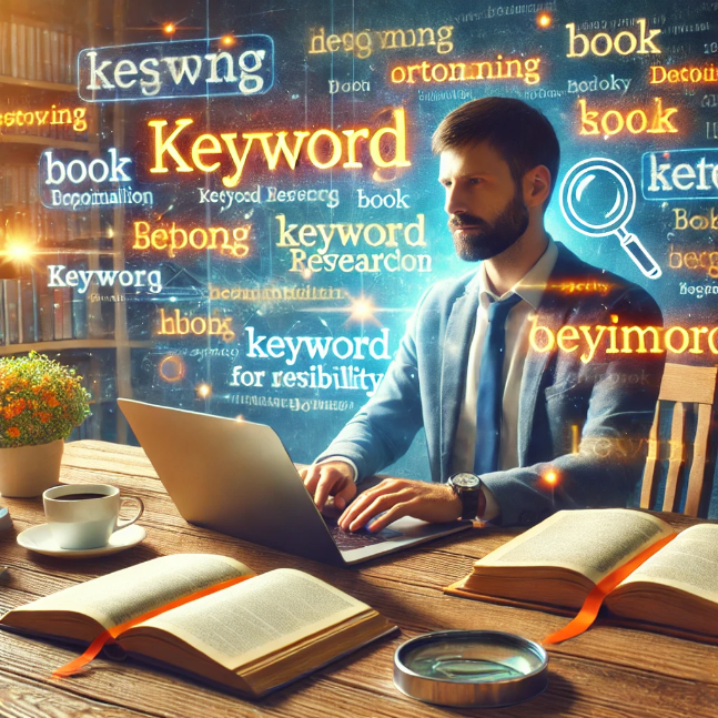 An author sitting at a desk with a laptop and books, surrounded by floating keywords and phrases.