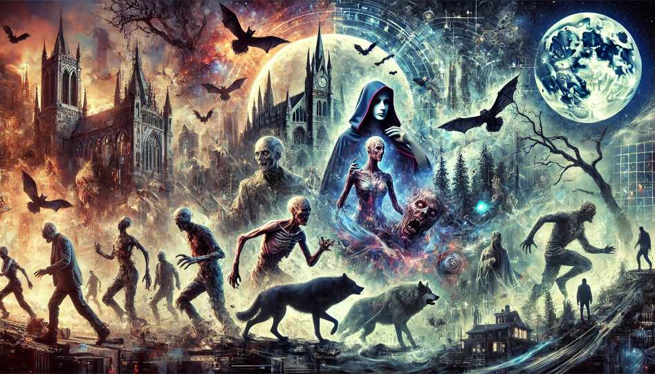 A dynamic scene featuring a collage of zombies, vampires, and werewolves in various settings.