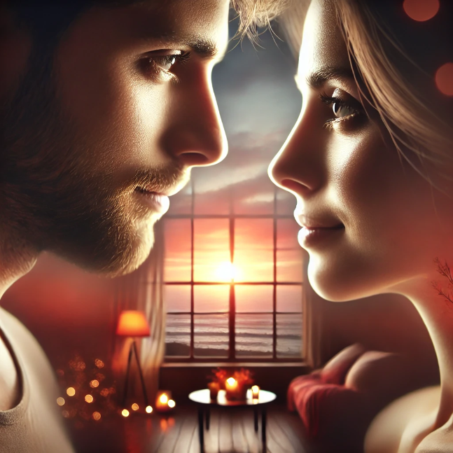 Two people gazing into each other's eyes with a warm, romantic background