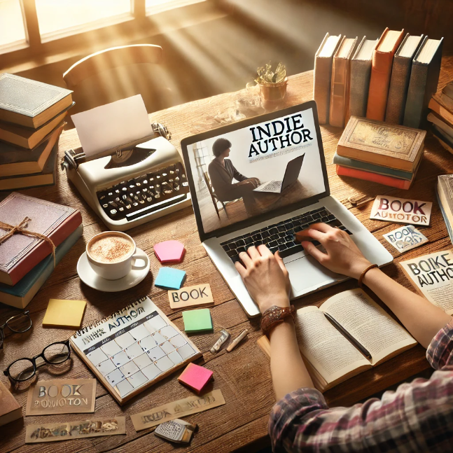 An indie author sitting at a cozy desk surrounded by books, a laptop, and a cup of coffee. The author is actively working on book promotion, with a calendar, sticky notes, and promotional materials scattered around.